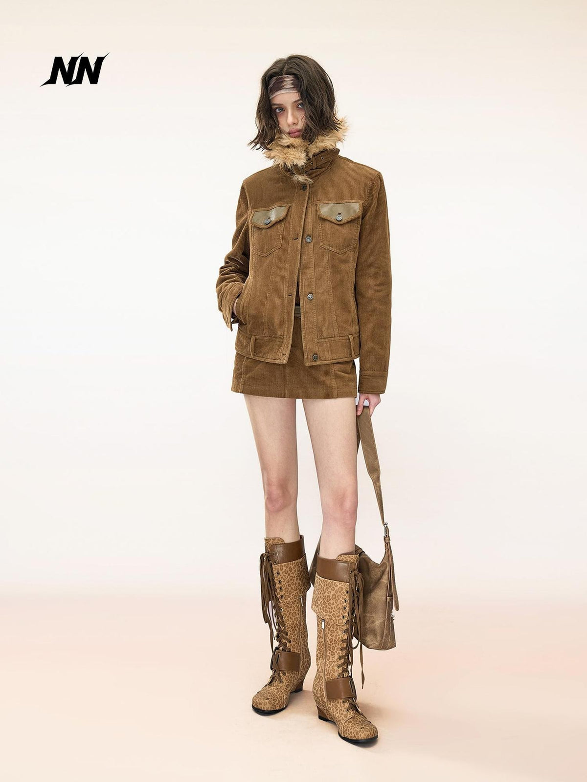 NORTH NODE Corduroy Faux Fur Trim Padded Pocket Women&