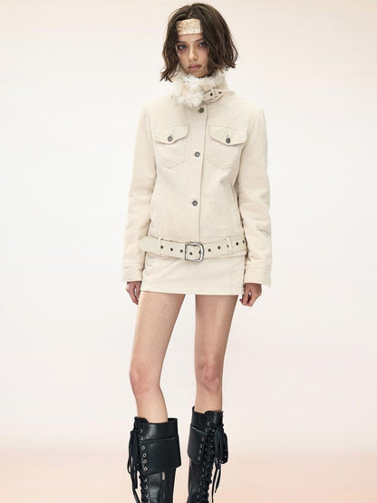 NORTH NODE Corduroy Faux Fur Trim Padded Pocket Women&