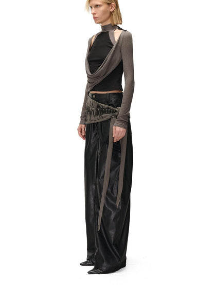 NORTH NODE Cowl Neck Cold Shoulder Patchwork Layered Women&