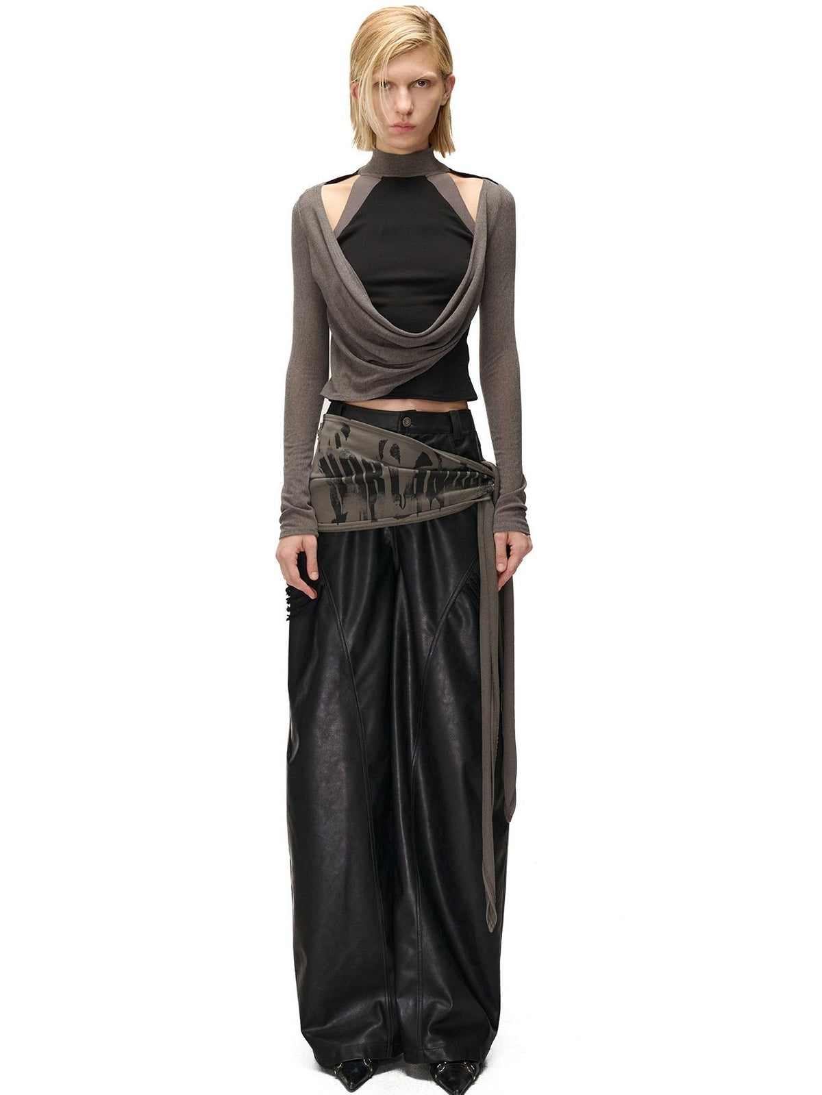 NORTH NODE Cowl Neck Cold Shoulder Patchwork Layered Women&
