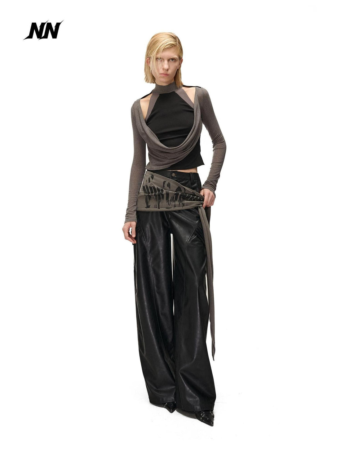NORTH NODE Cowl Neck Cold Shoulder Patchwork Layered Women&
