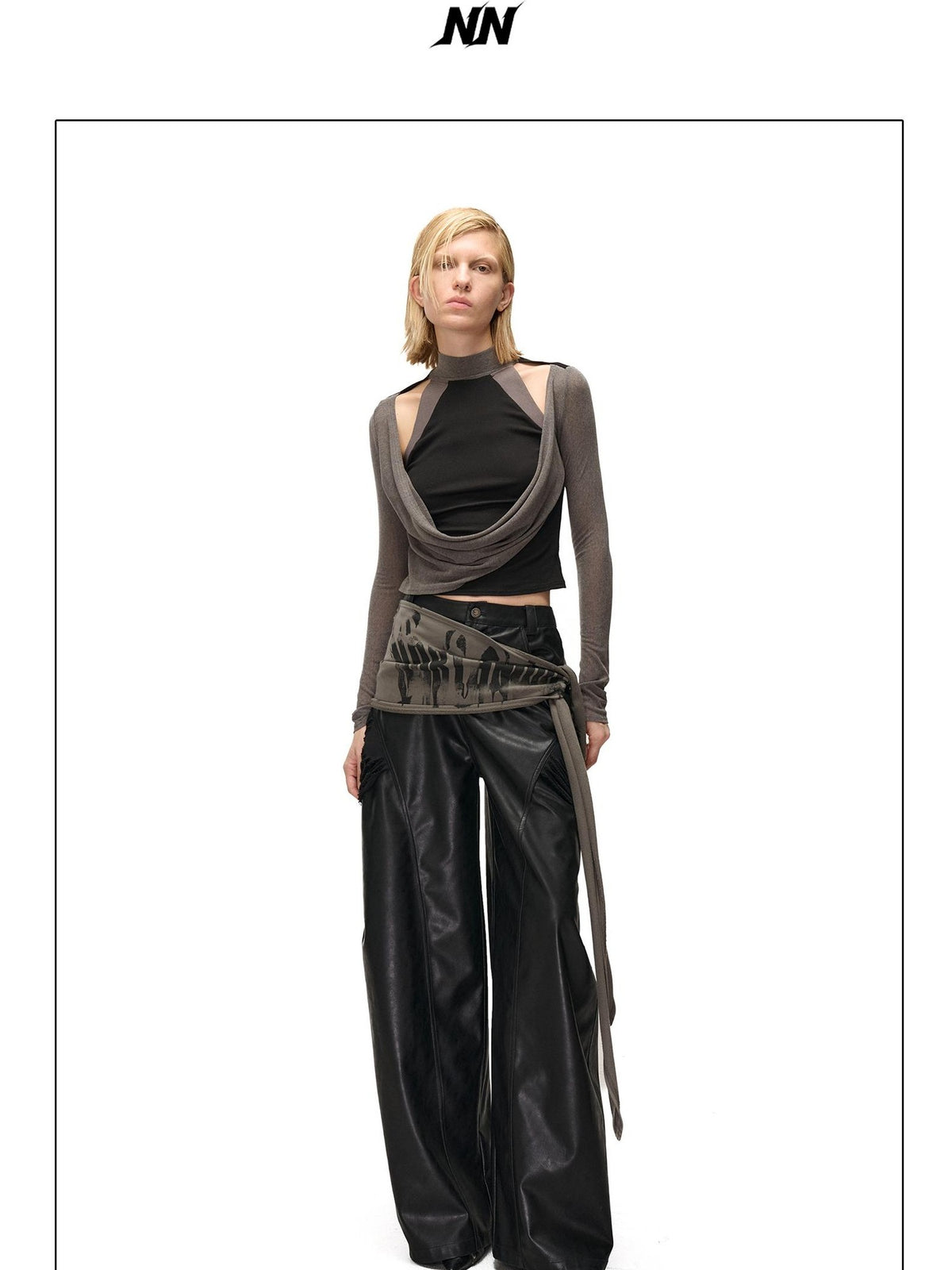 NORTH NODE Cowl Neck Cold Shoulder Patchwork Layered Women&