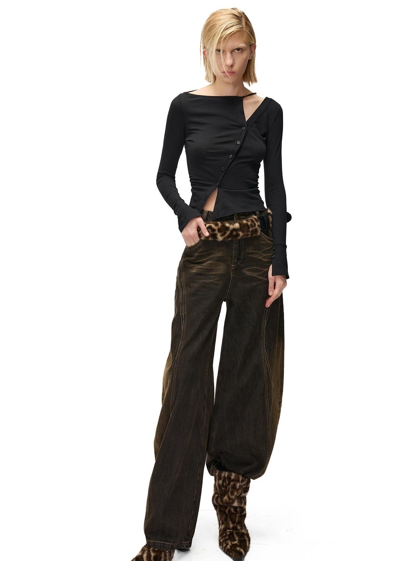 NORTH NODE Cropped Asymmetric Placket Button Women&
