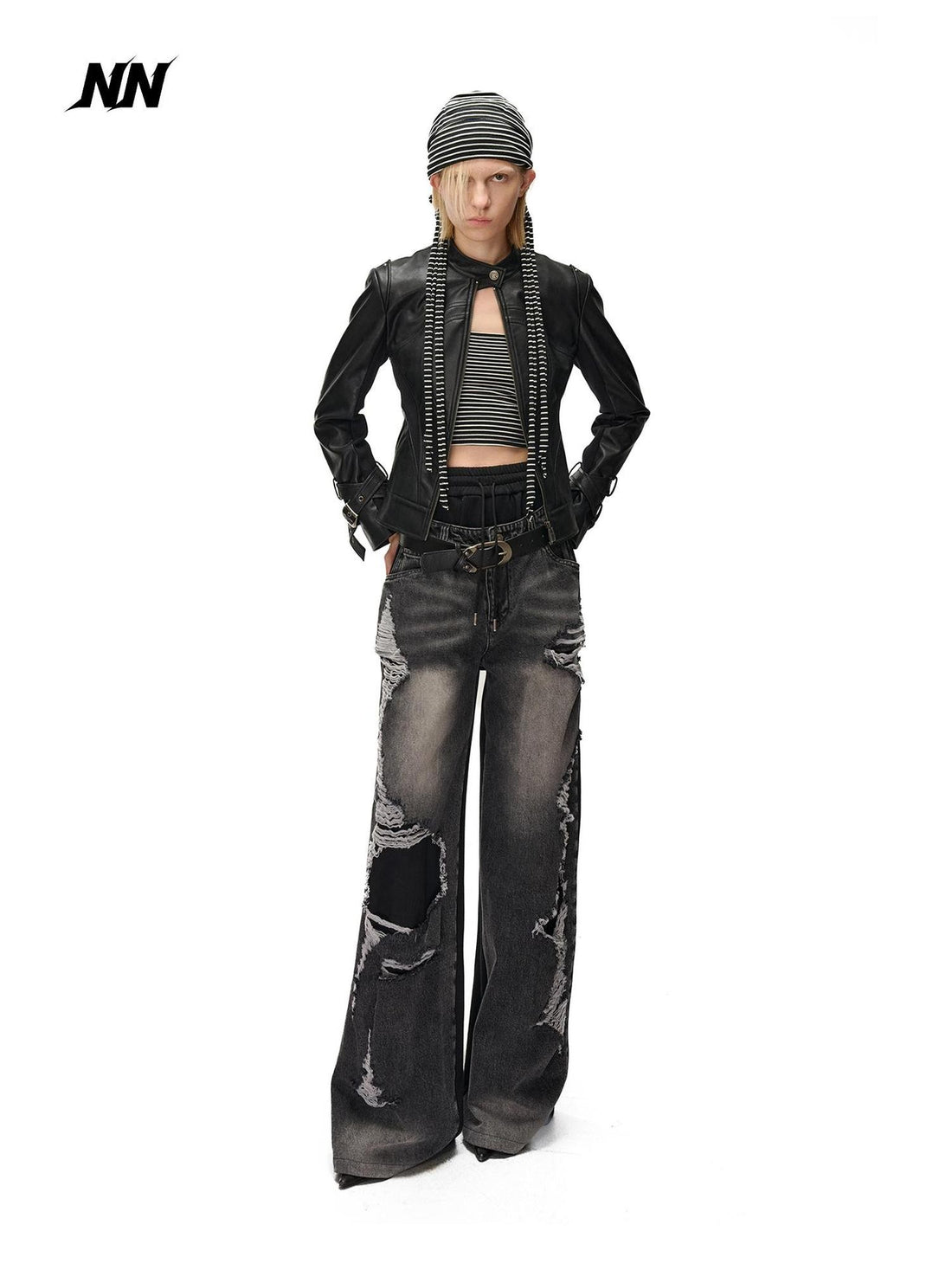 NORTH NODE Cropped Embroidered Panelled Slim Fit Pu Women&