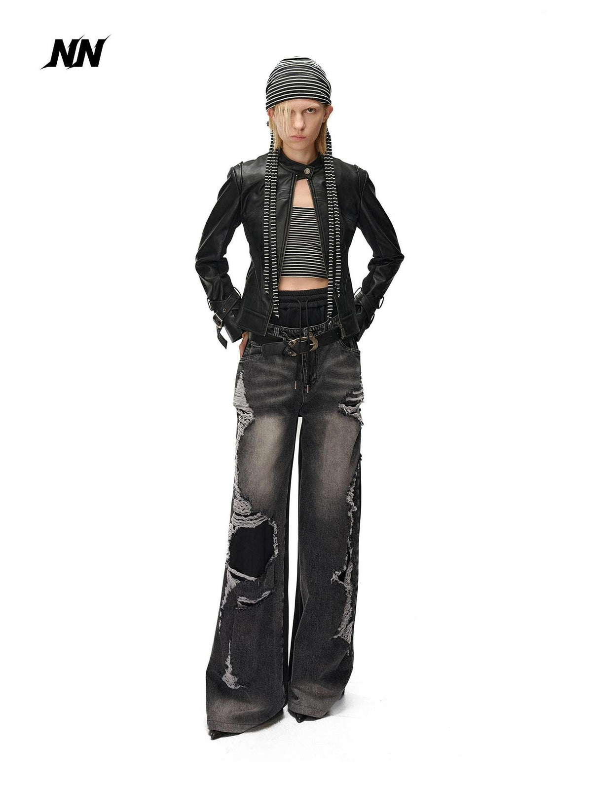 NORTH NODE Cropped Embroidered Panelled Slim Fit Pu Women&