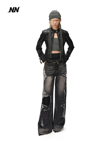 NORTH NODE Cropped Embroidered Panelled Slim Fit Pu Women&