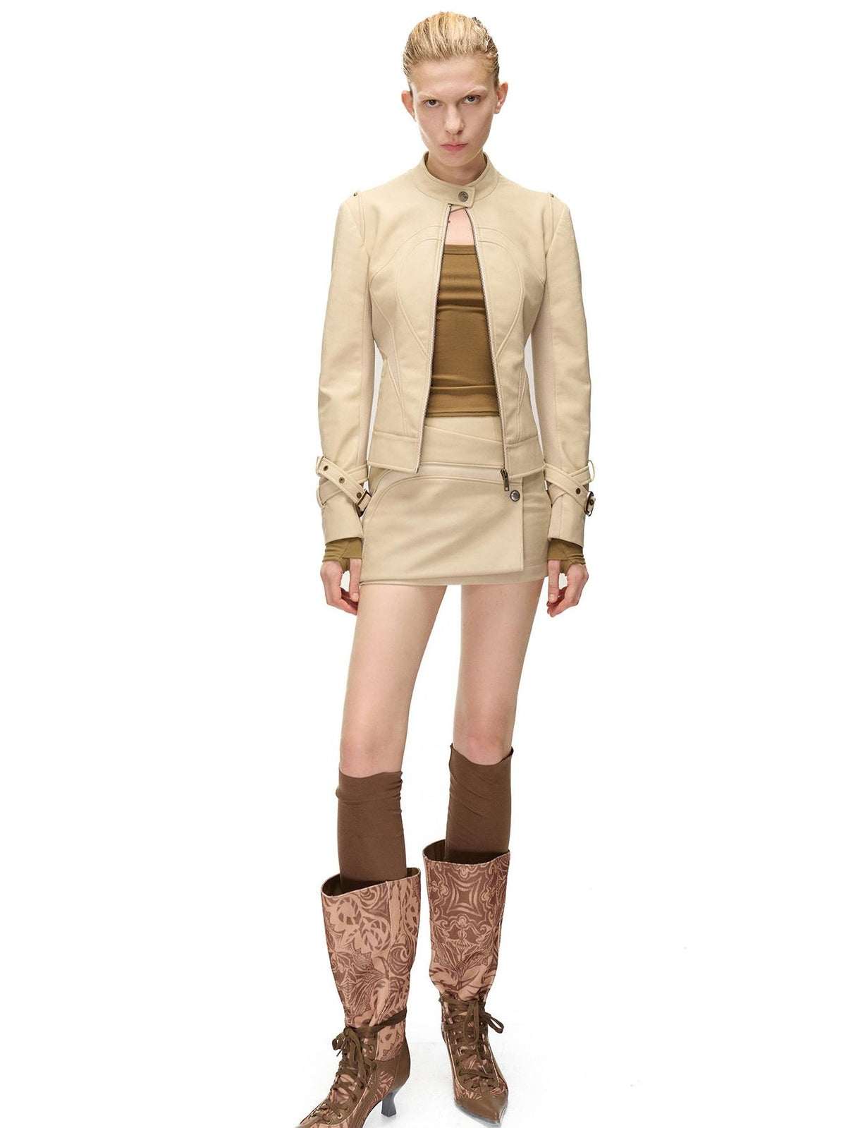 NORTH NODE Cropped Embroidered Panelled Slim Fit Pu Women&