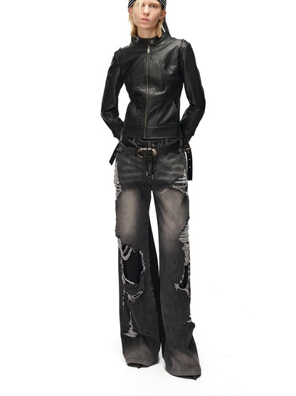 NORTH NODE Cropped Embroidered Panelled Slim Fit Pu Women&