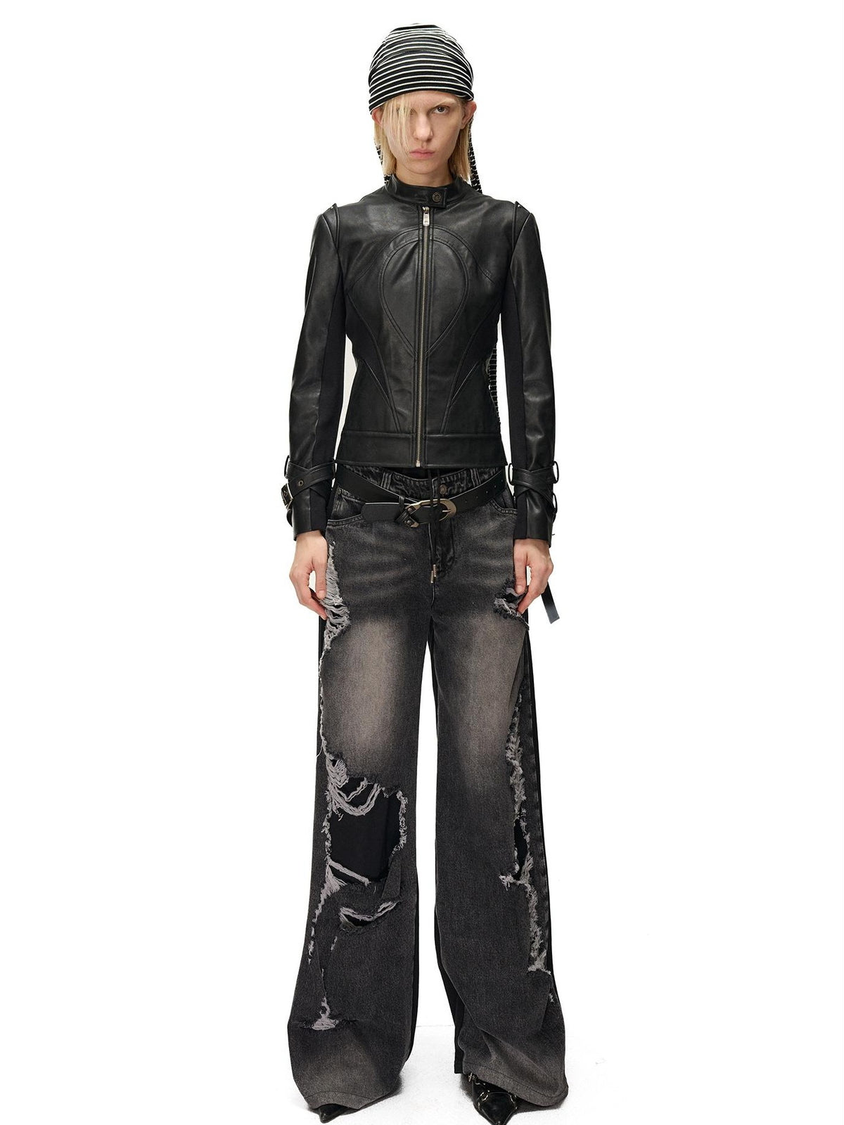 NORTH NODE Cropped Embroidered Panelled Slim Fit Pu Women&
