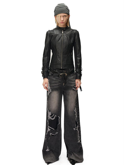 NORTH NODE Cropped Embroidered Panelled Slim Fit Pu Women&