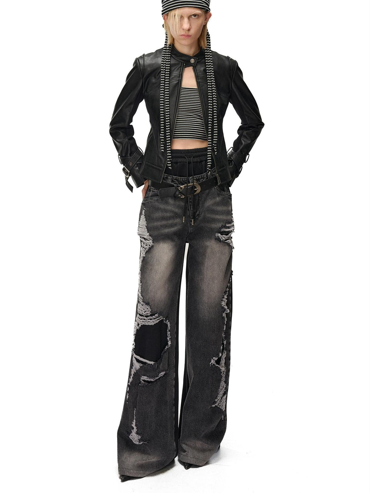 NORTH NODE Cropped Embroidered Panelled Slim Fit Pu Women&