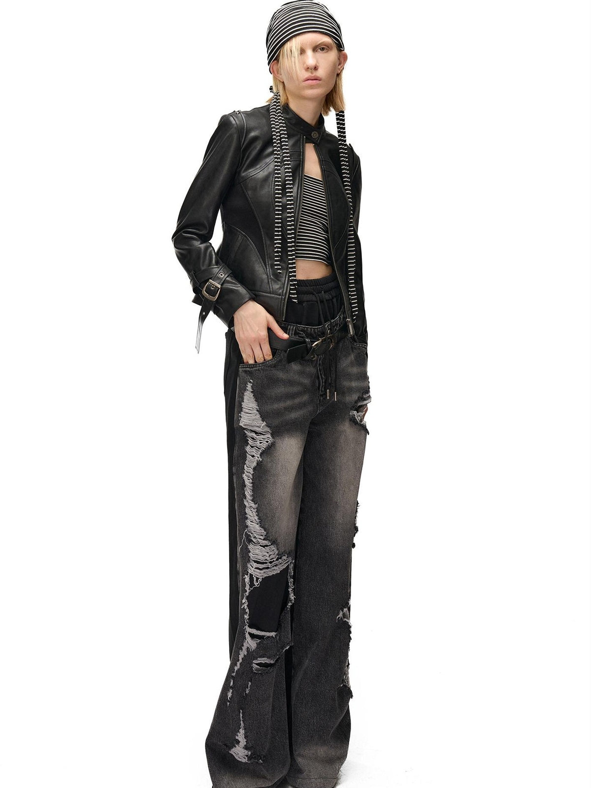 NORTH NODE Cropped Embroidered Panelled Slim Fit Pu Women&