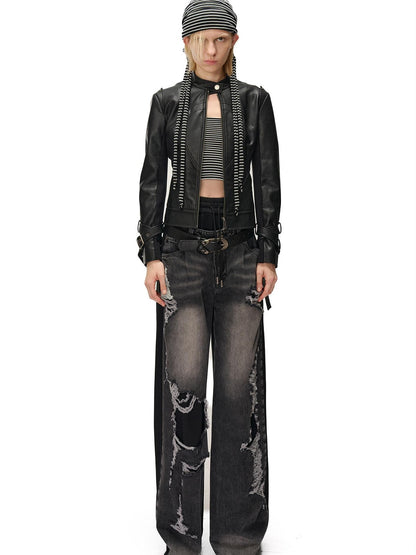 NORTH NODE Cropped Embroidered Panelled Slim Fit Pu Women&