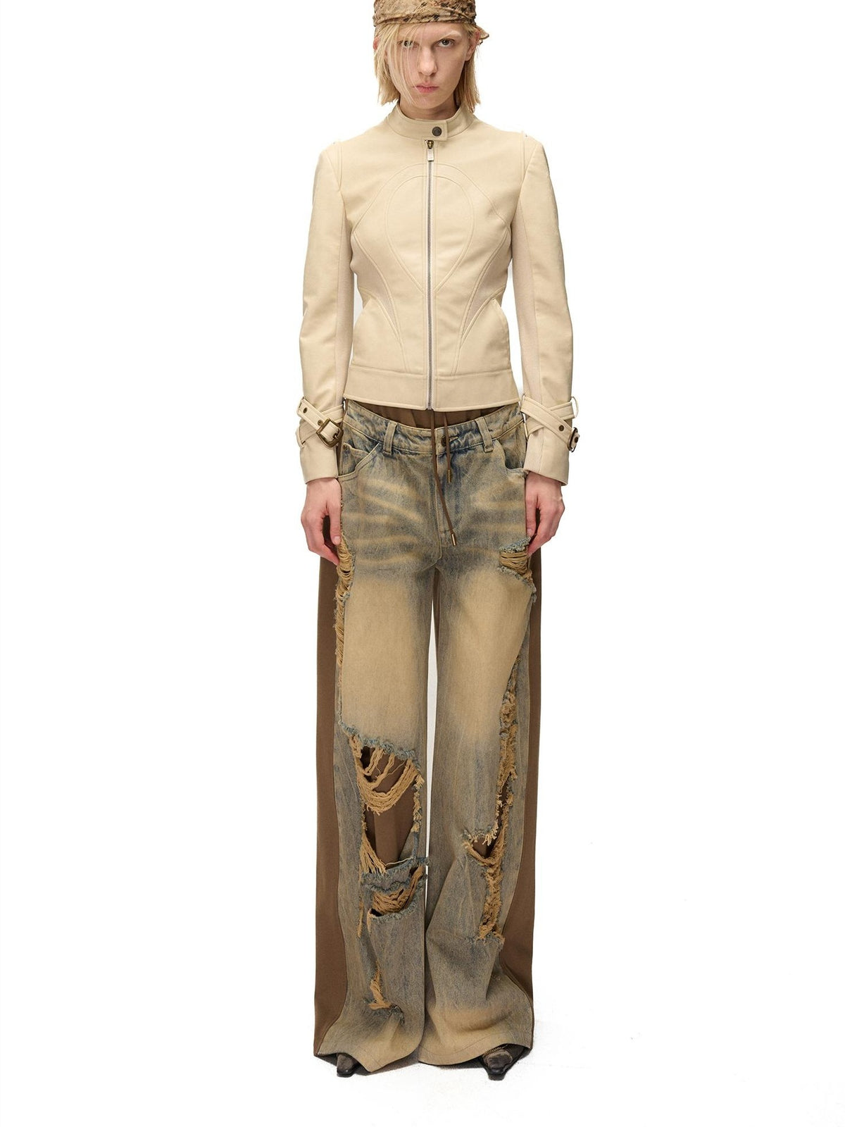 NORTH NODE Cropped Embroidered Panelled Slim Fit Pu Women&