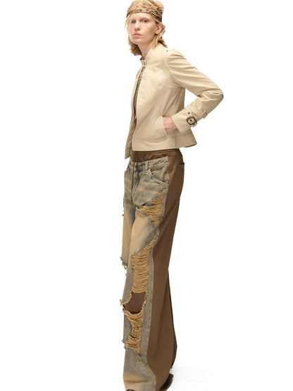 NORTH NODE Cropped Embroidered Panelled Slim Fit Pu Women&
