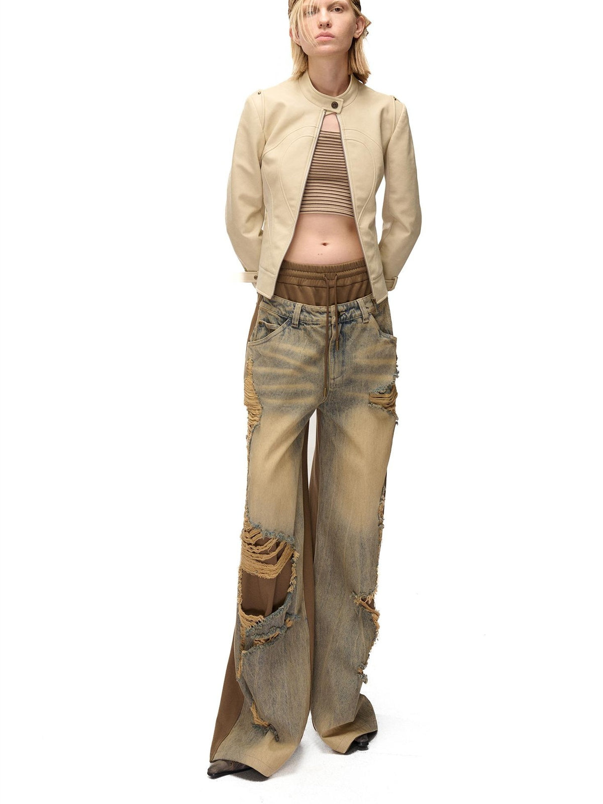 NORTH NODE Cropped Embroidered Panelled Slim Fit Pu Women&