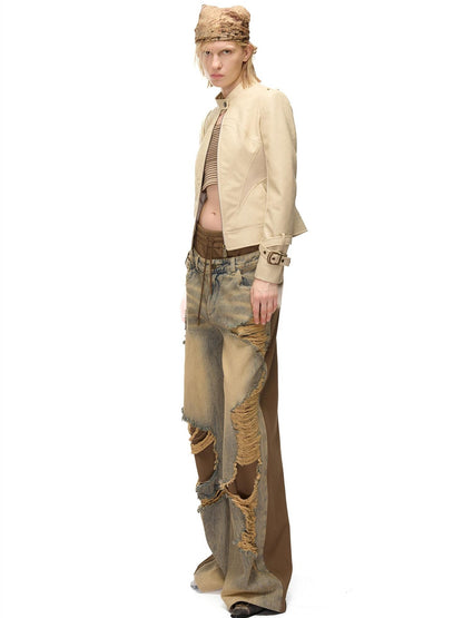 NORTH NODE Cropped Embroidered Panelled Slim Fit Pu Women&