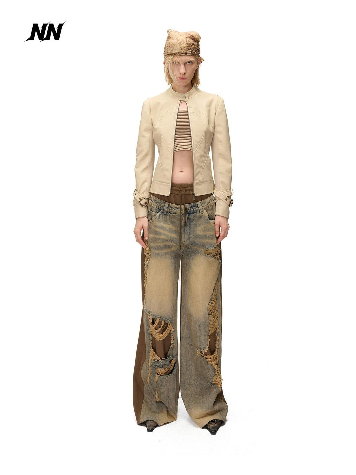 NORTH NODE Cropped Embroidered Panelled Slim Fit Pu Women&