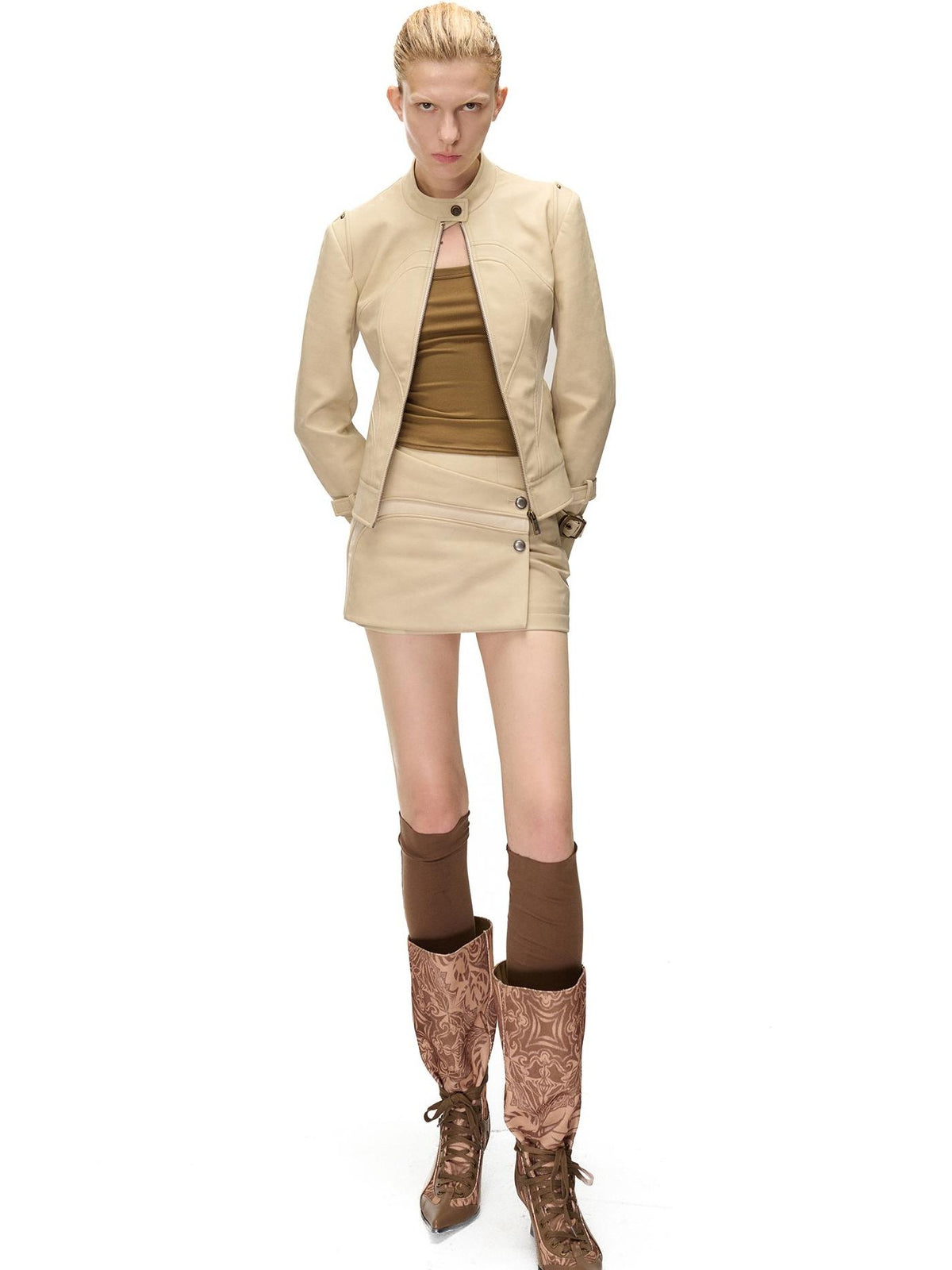 NORTH NODE Cropped Embroidered Panelled Slim Fit Pu Women&