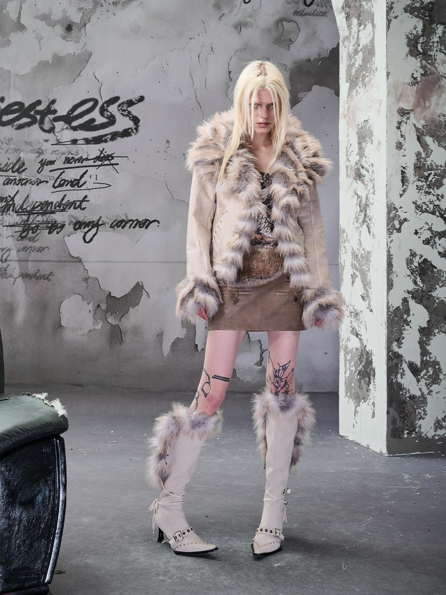 NORTH NODE Cropped Faux Fur Collar Paneling Distressed Waisted Women&
