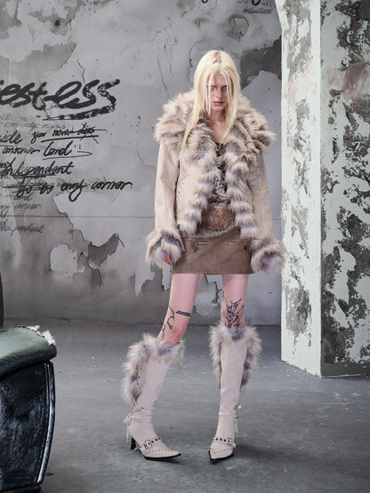 NORTH NODE Cropped Faux Fur Collar Paneling Distressed Waisted Women&