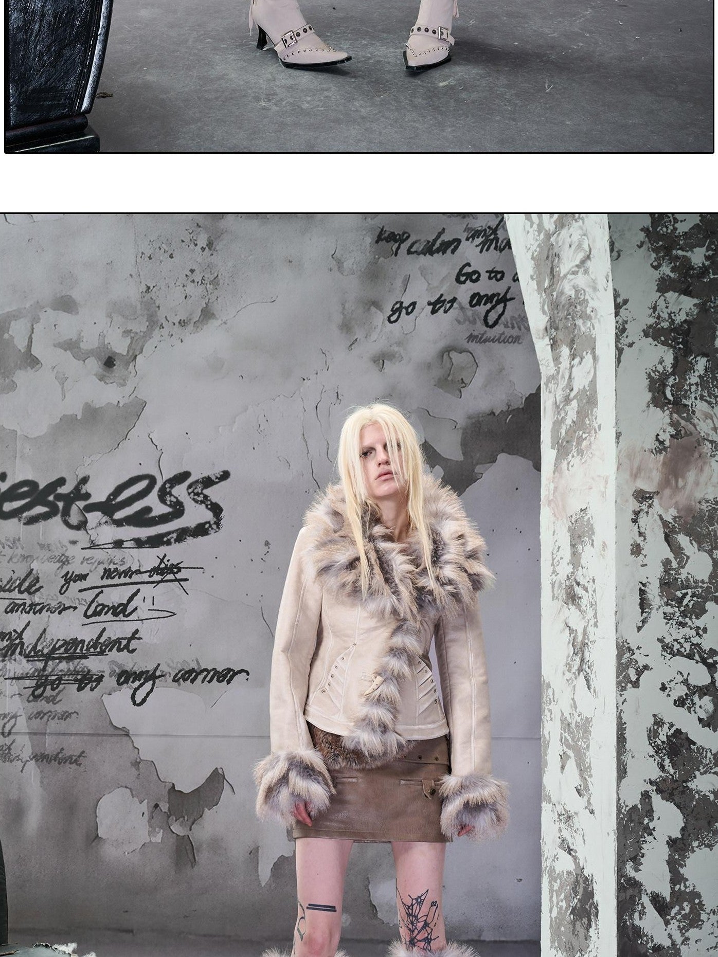 NORTH NODE Cropped Faux Fur Collar Paneling Distressed Waisted Women&