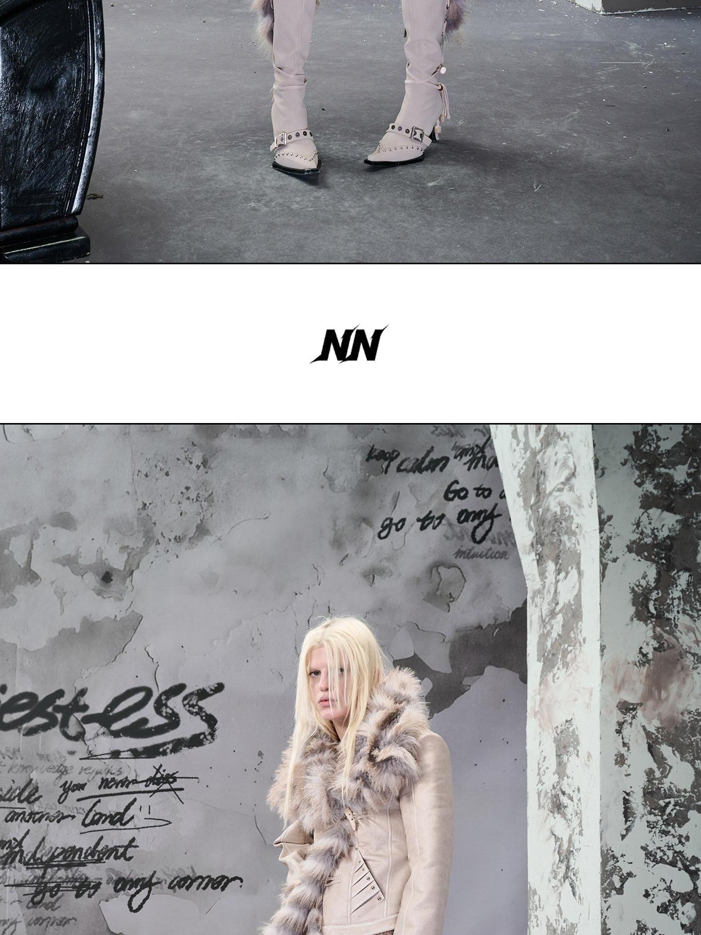 NORTH NODE Cropped Faux Fur Collar Paneling Distressed Waisted Women&