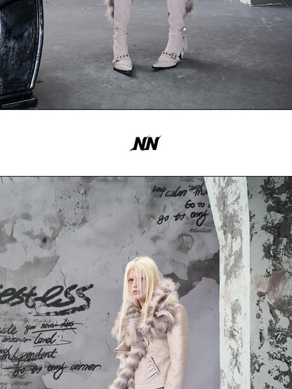NORTH NODE Cropped Faux Fur Collar Paneling Distressed Waisted Women&