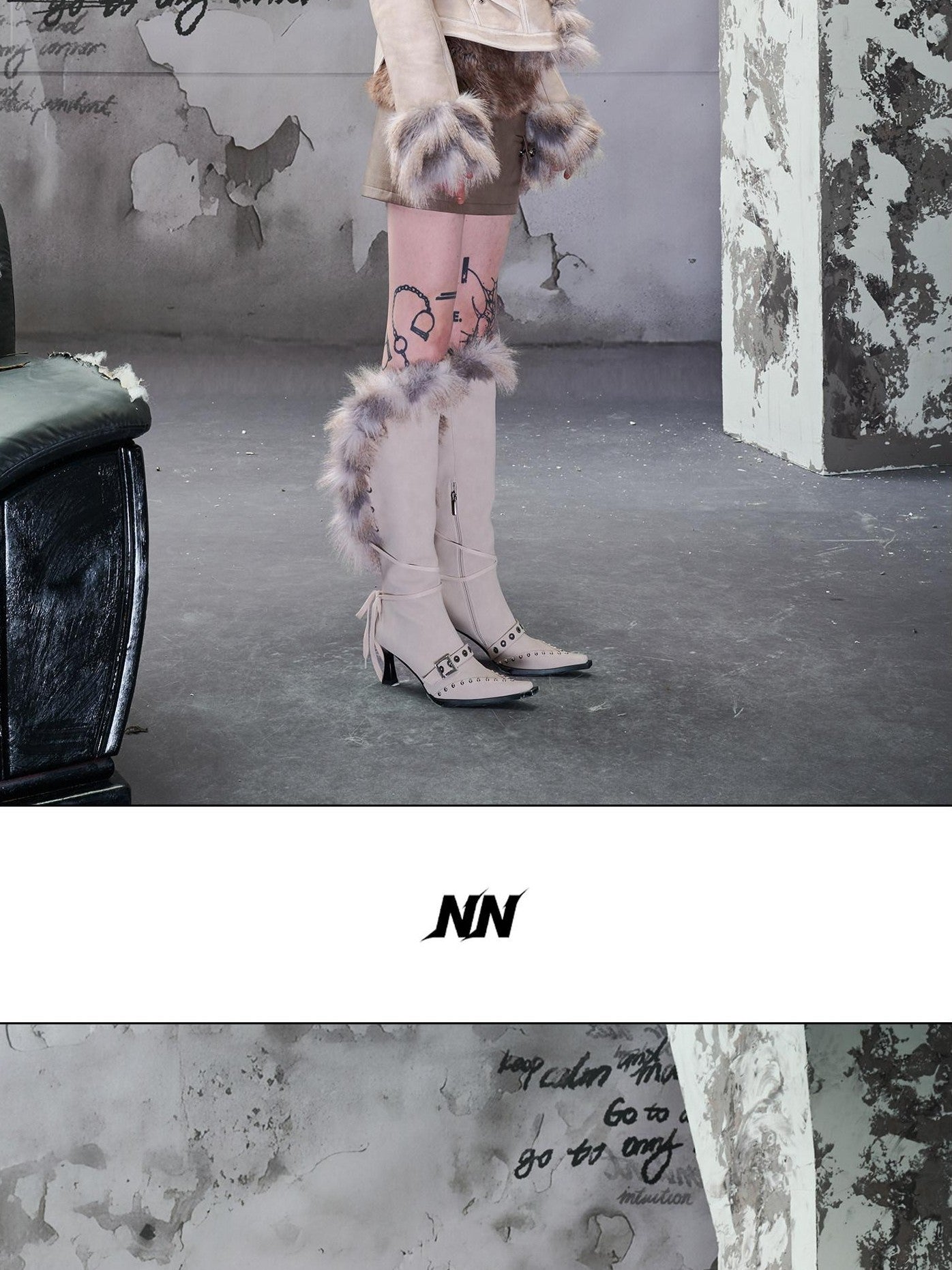 NORTH NODE Cropped Faux Fur Collar Paneling Distressed Waisted Women&