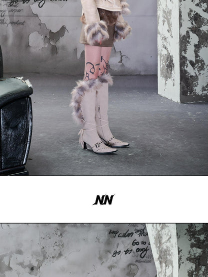 NORTH NODE Cropped Faux Fur Collar Paneling Distressed Waisted Women&