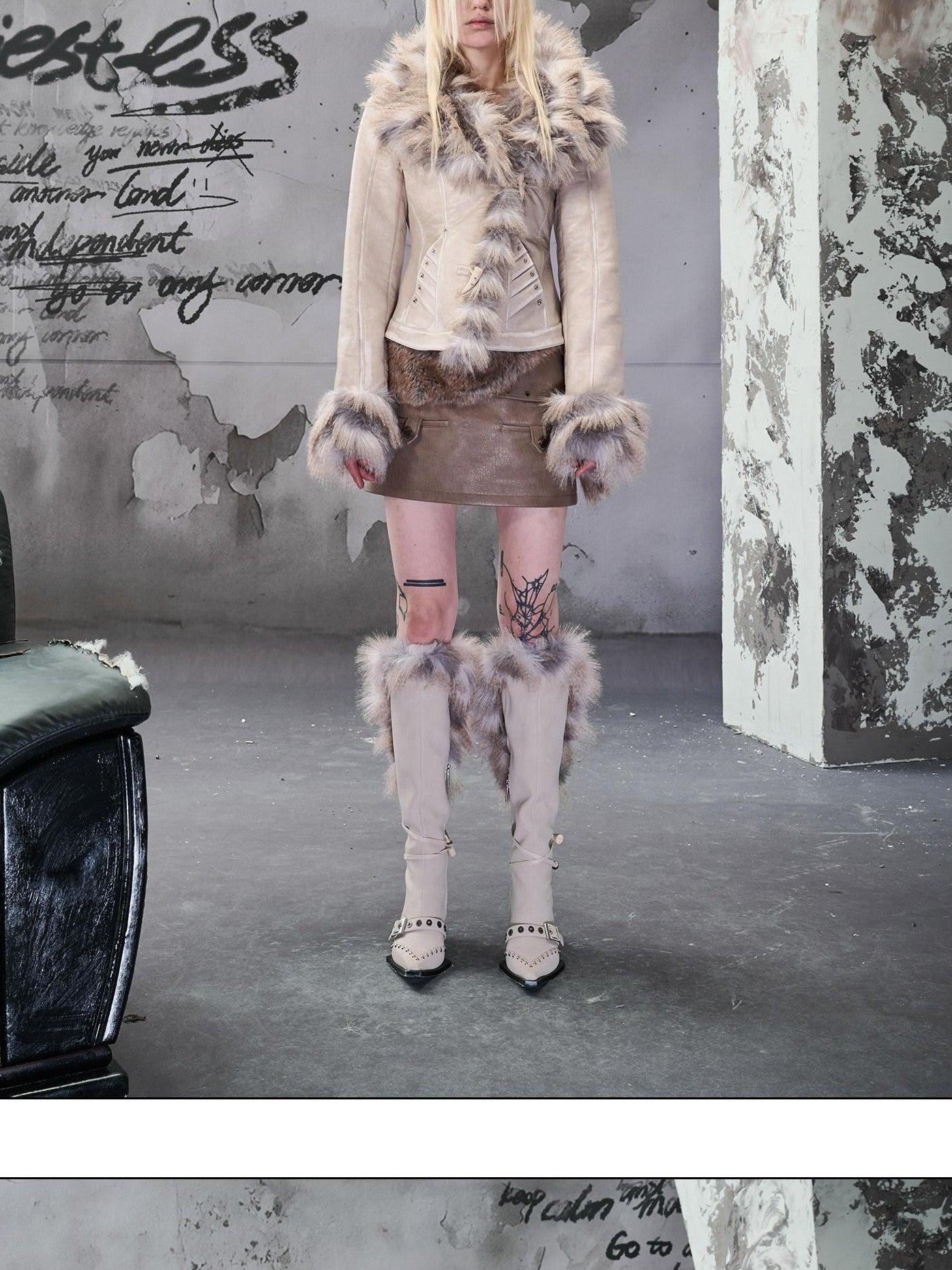 NORTH NODE Cropped Faux Fur Collar Paneling Distressed Waisted Women&