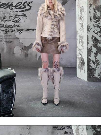 NORTH NODE Cropped Faux Fur Collar Paneling Distressed Waisted Women&