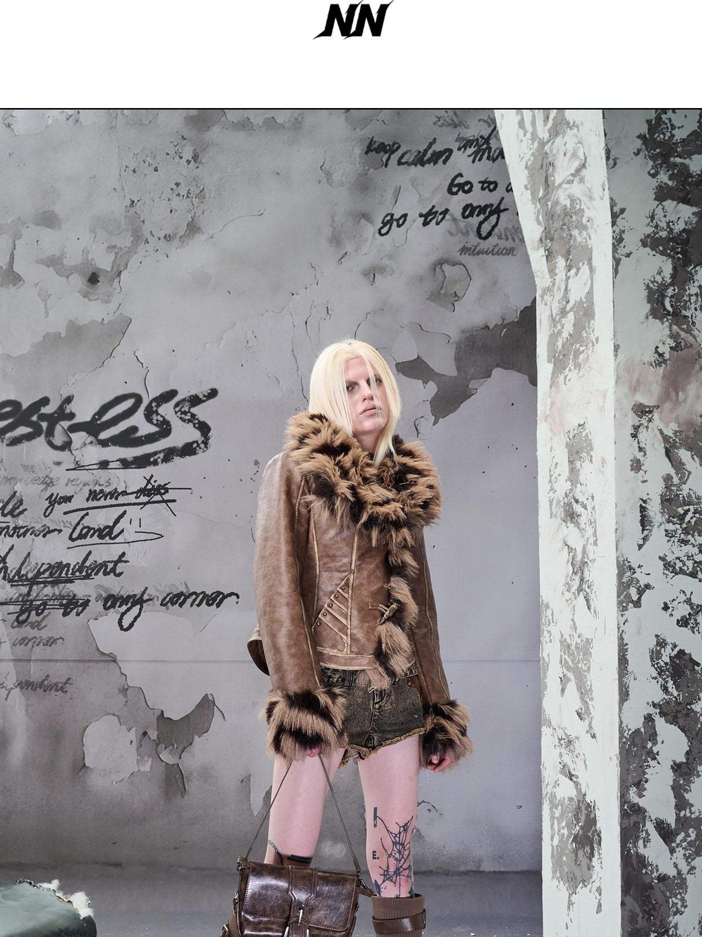 NORTH NODE Cropped Faux Fur Collar Paneling Distressed Waisted Women&