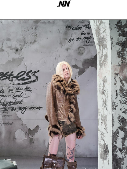 NORTH NODE Cropped Faux Fur Collar Paneling Distressed Waisted Women&