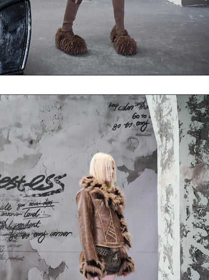 NORTH NODE Cropped Faux Fur Collar Paneling Distressed Waisted Women&