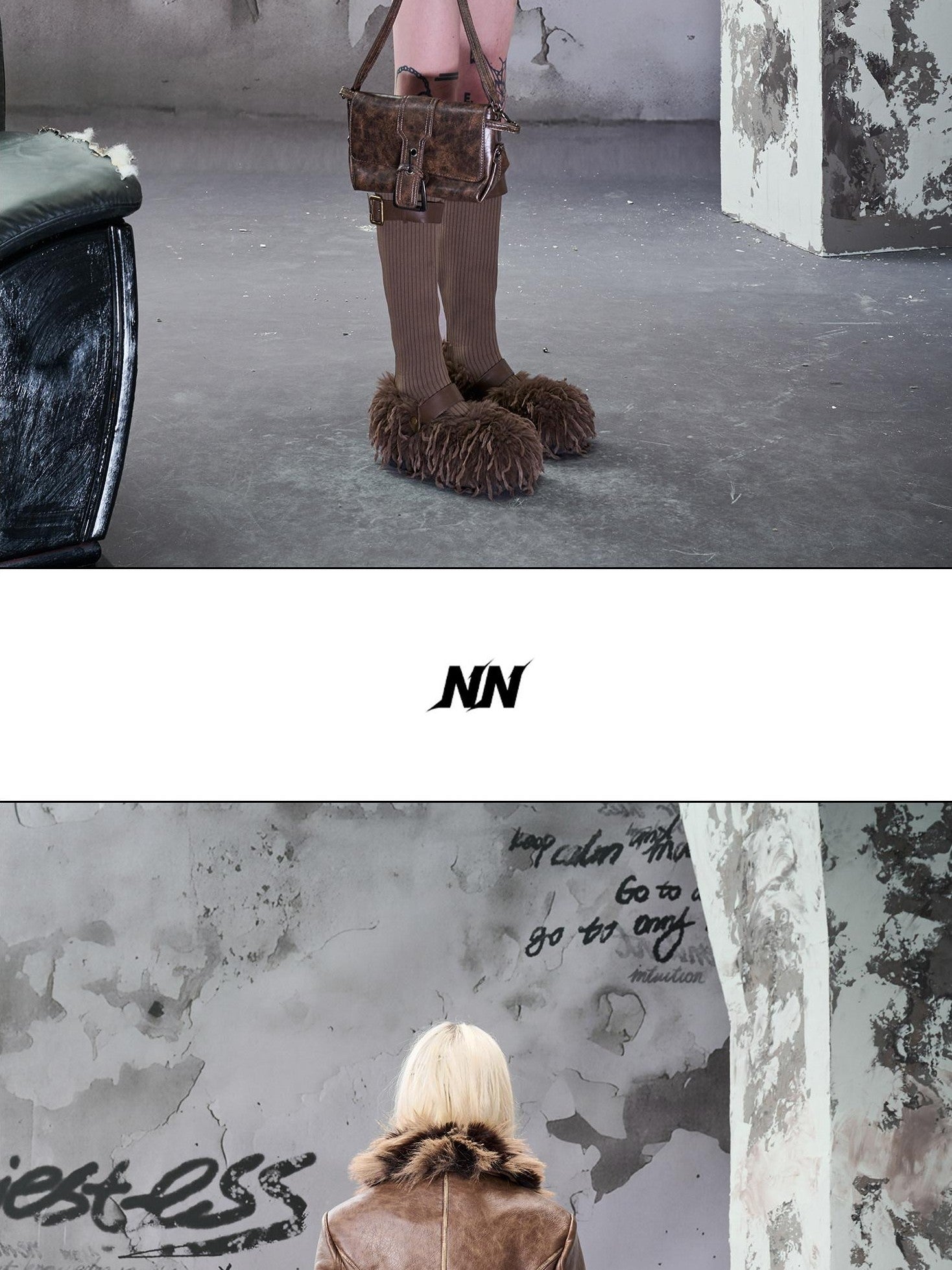 NORTH NODE Cropped Faux Fur Collar Paneling Distressed Waisted Women&