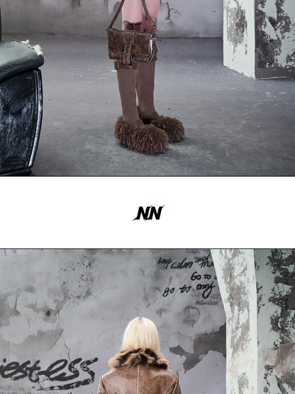 NORTH NODE Cropped Faux Fur Collar Paneling Distressed Waisted Women&