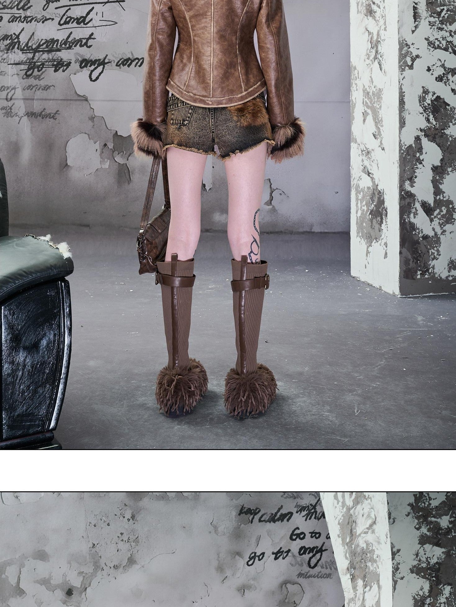 NORTH NODE Cropped Faux Fur Collar Paneling Distressed Waisted Women&