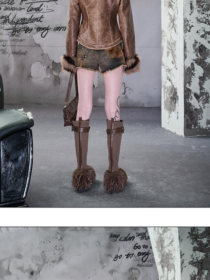 NORTH NODE Cropped Faux Fur Collar Paneling Distressed Waisted Women&