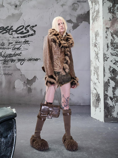 NORTH NODE Cropped Faux Fur Collar Paneling Distressed Waisted Women&