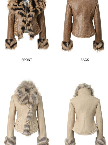 NORTH NODE Cropped Faux Fur Collar Paneling Distressed Waisted Women&