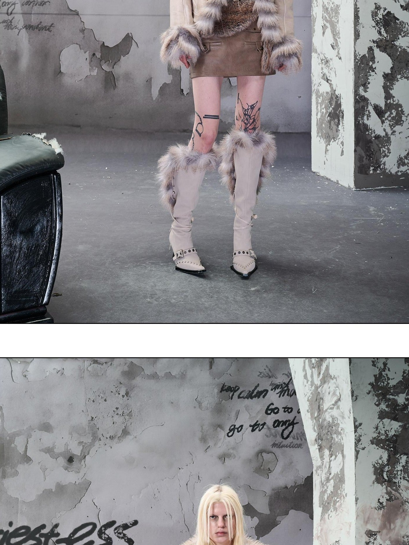NORTH NODE Cropped Faux Fur Collar Paneling Distressed Waisted Women&