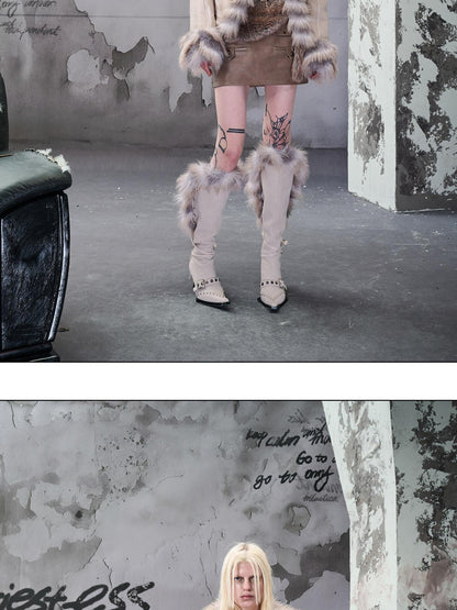 NORTH NODE Cropped Faux Fur Collar Paneling Distressed Waisted Women&