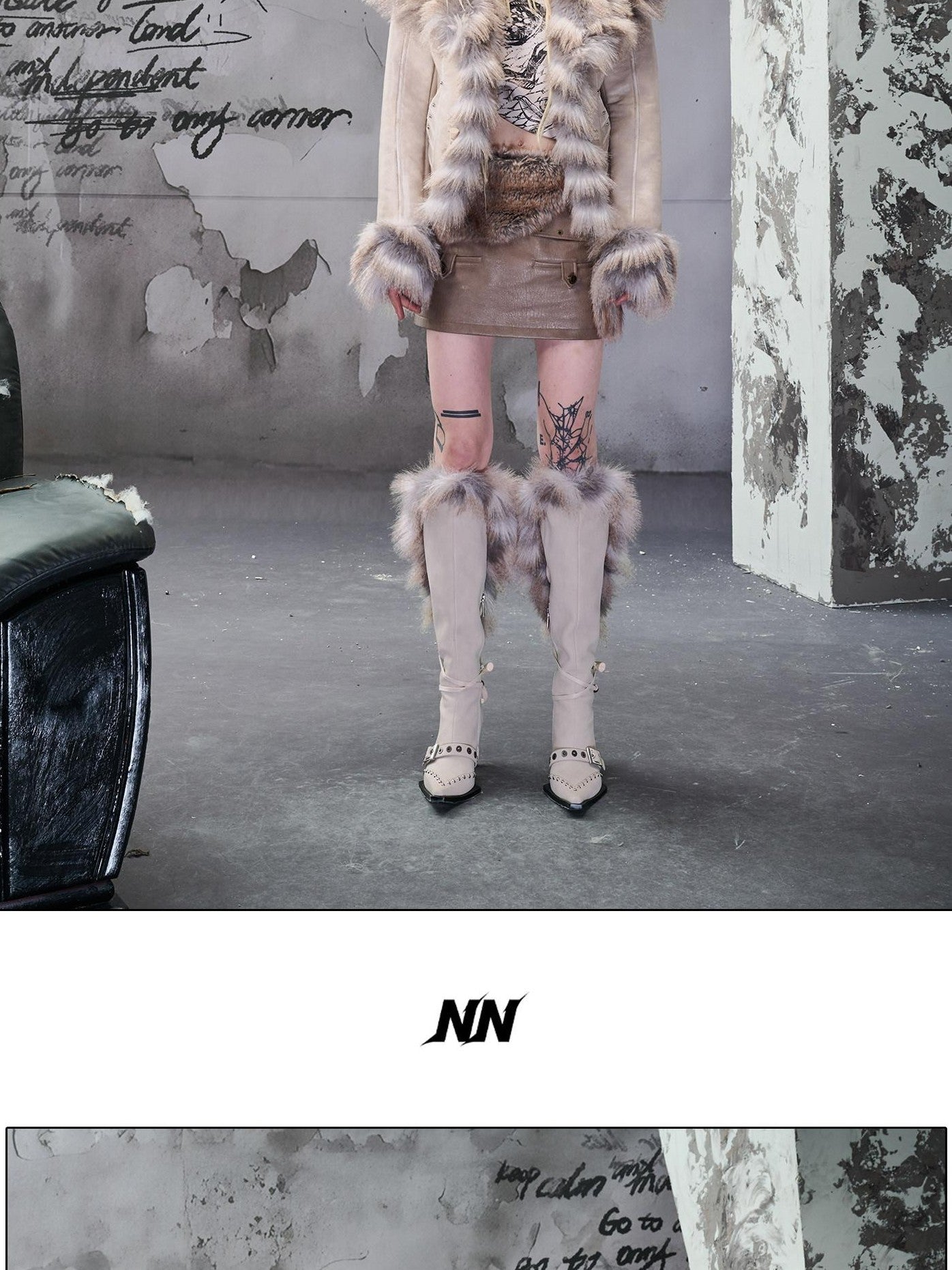 NORTH NODE Cropped Faux Fur Collar Paneling Distressed Waisted Women&