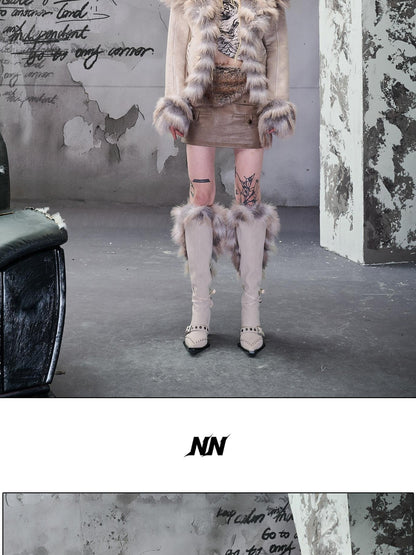 NORTH NODE Cropped Faux Fur Collar Paneling Distressed Waisted Women&