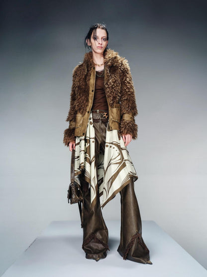 NORTH NODE Cropped Faux Leather Patch Fuzzy Crystal Velvet Lined Women&