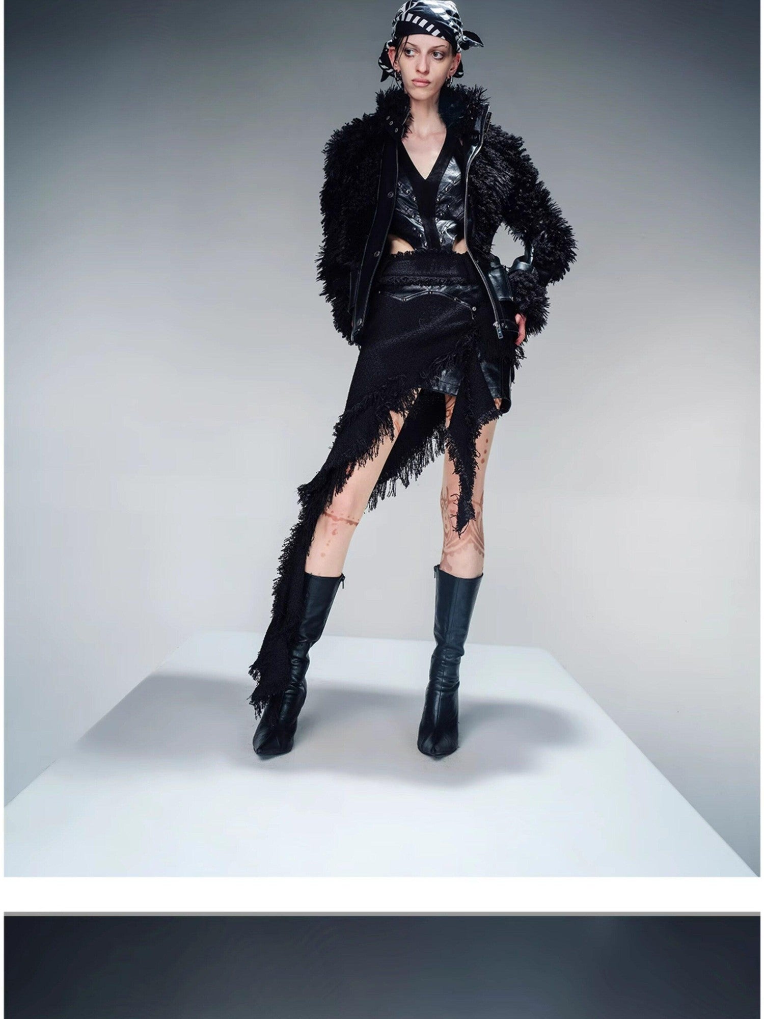 NORTH NODE Cropped Faux Leather Patch Fuzzy Crystal Velvet Lined Women&