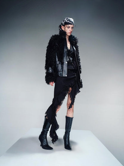 NORTH NODE Cropped Faux Leather Patch Fuzzy Crystal Velvet Lined Women&