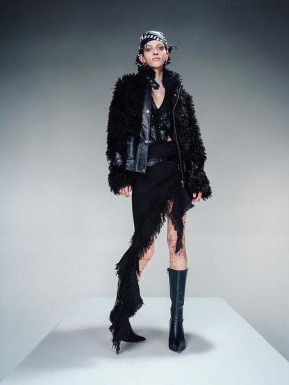 NORTH NODE Cropped Faux Leather Patch Fuzzy Crystal Velvet Lined Women&