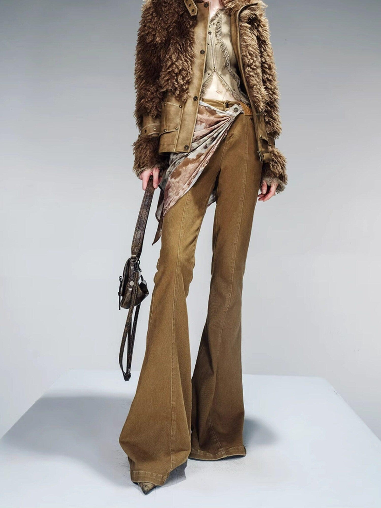 NORTH NODE Cropped Faux Leather Patch Fuzzy Crystal Velvet Lined Women&